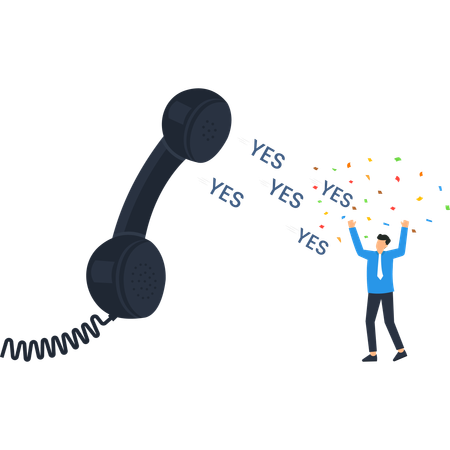 Success  Businessman Celebrating with Confetti and 'Yes' Words Phone Receiver  Illustration