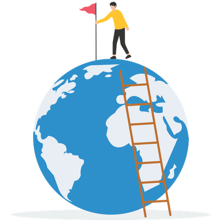 Success businessman climb up ladder holding winning flag on globe  Illustration