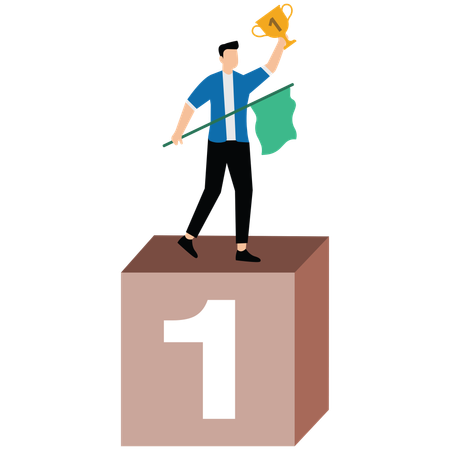 Success businessman holding flag and trophy stand with 1st place  Illustration