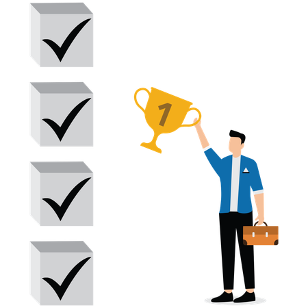 Success businessman holding winner trophy with habit checklist  Illustration