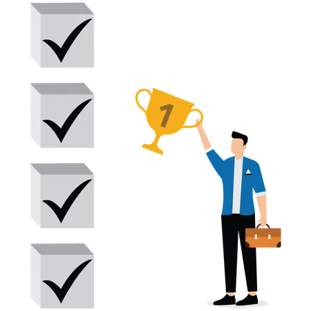 Success businessman holding winner trophy with habit checklist  Illustration