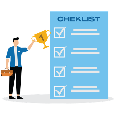 Success businessman holding winner trophy with habit checklist  Illustration