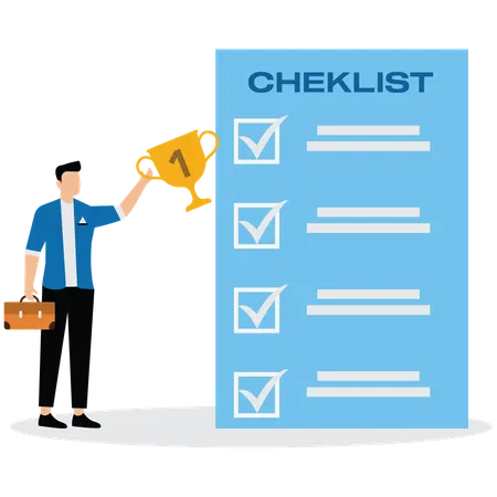 Success businessman holding winner trophy with habit checklist  Illustration