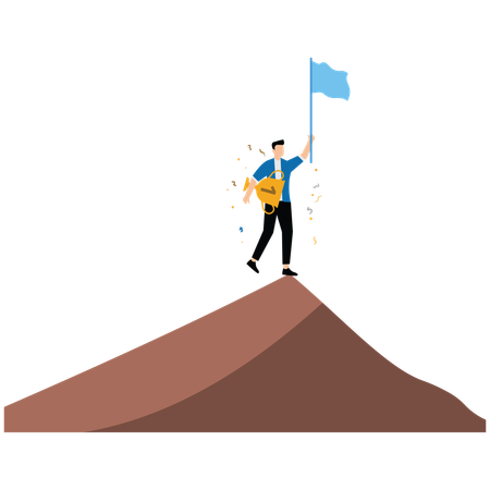 Success businessman holding winning flag trophy on mountain peak  Illustration