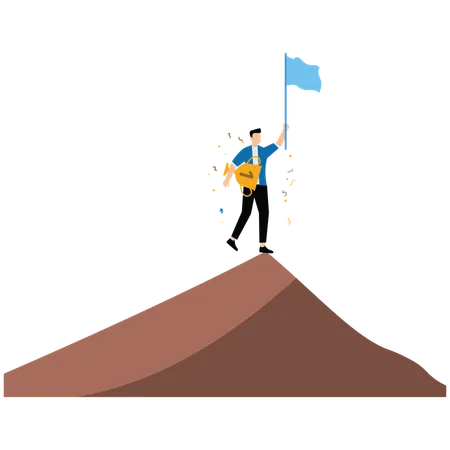 Success businessman holding winning flag trophy on mountain peak  Illustration