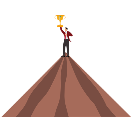 Success Businessman Holding Winning Flag Trophy On Mountain Peak  Illustration