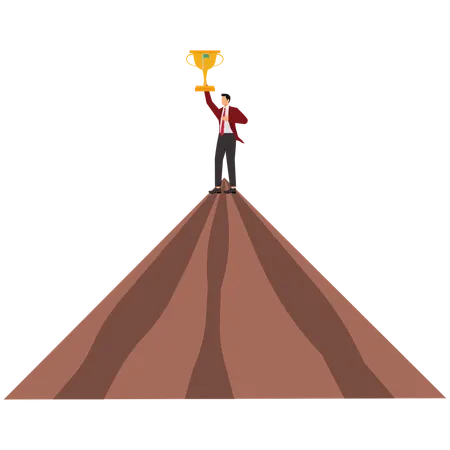 Success Businessman Holding Winning Flag Trophy On Mountain Peak  Illustration