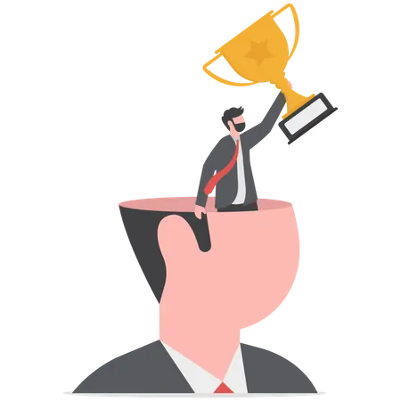 Success businessman holding winning trophy standing in his mindset head  일러스트레이션