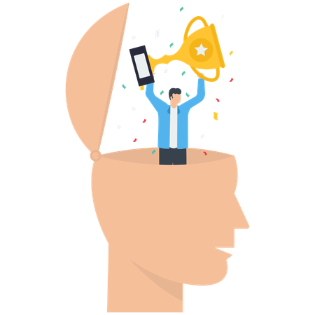 Success businessman holding winning trophy standing in his mindset head  Illustration