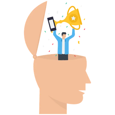 Success businessman holding winning trophy standing in his mindset head  Illustration