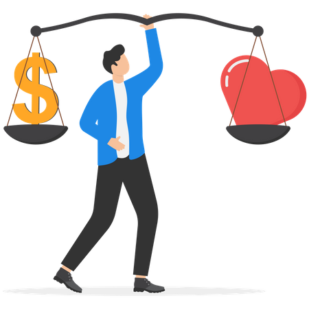 Success businessman meditate on balance with money and heart  Illustration