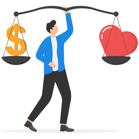 Work Life Balance Balancing Between Career To Make Money And Personal Life To Enjoy With Yourself Or Family Concept Success Businessman Meditate On Balance With Money And Heart Symbol Illustration
