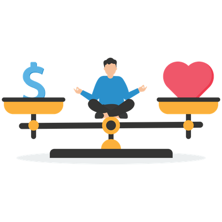 Success businessman meditate on seesaw balance with money and heart symbol  イラスト