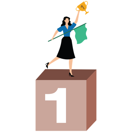 Success businesswoman holding flag and trophy stand with 1st place  Illustration