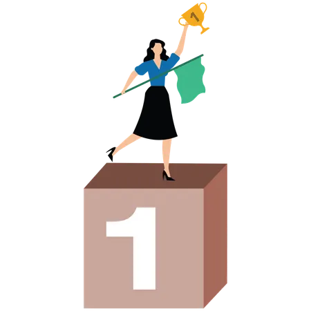 Success businesswoman holding flag and trophy stand with 1st place  Illustration