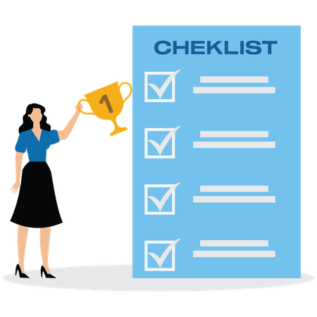 Success businesswoman holding winner trophy with habit checklist  Illustration