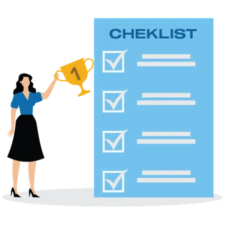 Success businesswoman holding winner trophy with habit checklist  Illustration