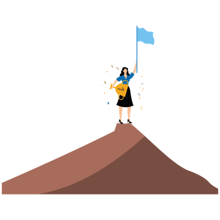 Success businesswoman holding winning flag trophy on mountain peak  Illustration