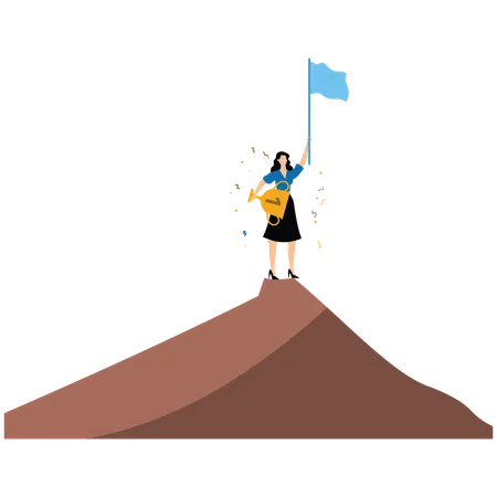 Success businesswoman holding winning flag trophy on mountain peak  Illustration