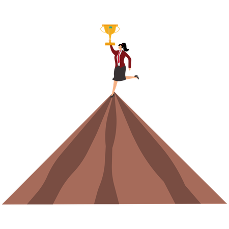 Success Businesswoman Holding Winning Flag Trophy On Mountain Peak  Illustration