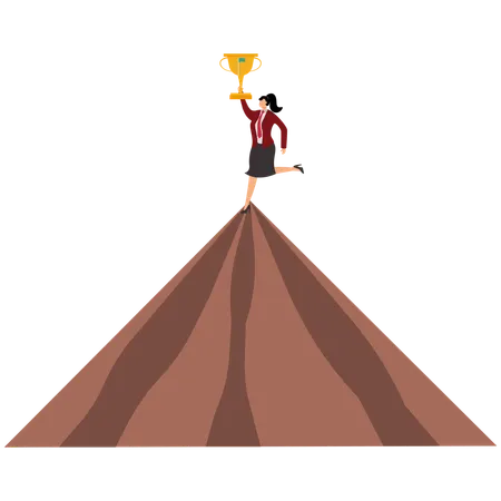 Success Businesswoman Holding Winning Flag Trophy On Mountain Peak  Illustration