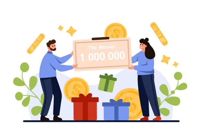 Success In Lottery Winning Money Prize With Jackpot Tiny People Millionaires Holding Check For Million Dollars Payment Lucky Happy Woman And Man Win Big Grant Or Gifts Cartoon Vector Illustration Illustration