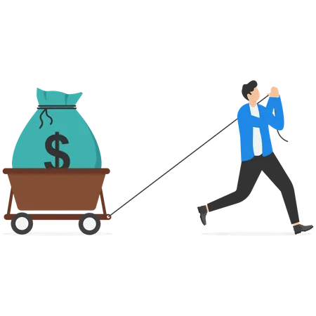 Success Investor Rich Man Making Money From Business Or Investment Income And Revenue Budget Saving Or Profit Concept Rich And Successful Businessman With Load Of Money Bag In Cart Illustration