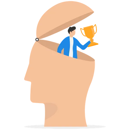 Success Mindset Mentor Or Inspiration To Succeed In Work Or Business Growth And Career Development Concept Success Businessman Climbing On Top Of His Mind Holding Winning Award For Business Goal Illustration