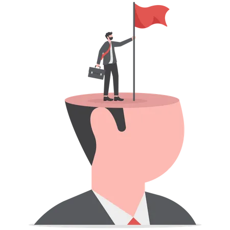Success Mindset Mentor Or Inspiration To Succeed In Work Or Business Growth And Career Development Concept Success Businessman Climbing On Top Of His Mind Holding Winning Flag For Business Goal Illustration