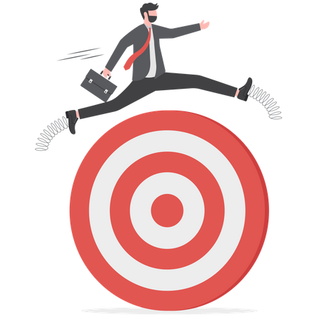 Success skillful businessman jumping over arrow hit bullseye target  Illustration