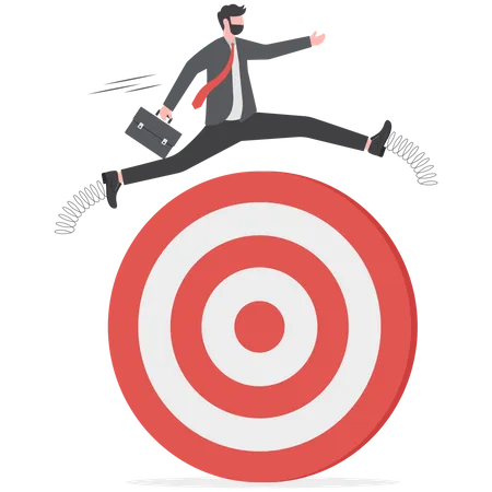 Success skillful businessman jumping over arrow hit bullseye target  Illustration