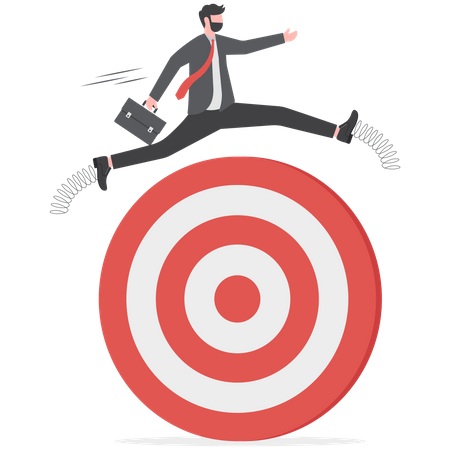 Success skillful businessman jumping over arrow hit bullseye target  Illustration