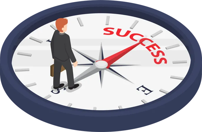 Isometric Businessman Standing On Compass That Pointing To Success Way Motivation Concept Illustration