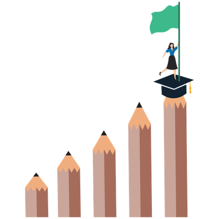 Success woman climbs top of pencil with graduation hat while carrying victory flag  Illustration