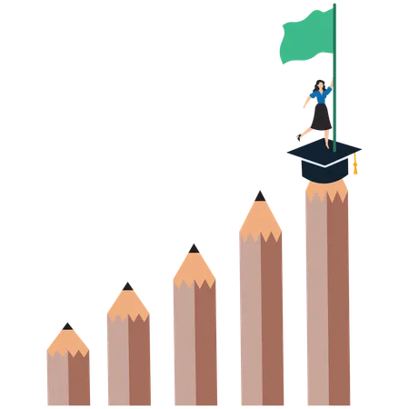 Success woman climbs top of pencil with graduation hat while carrying victory flag  Illustration