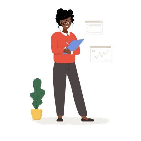 Female Entrepreneur Successful African Woman Standing With Tablet In Hands Modern Office Worker Or Business Expert Vector Illustration In Flat Cartoon Style Illustration