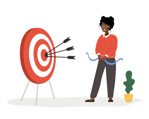 Successful african woman with bow shooting target with arrows  Illustration