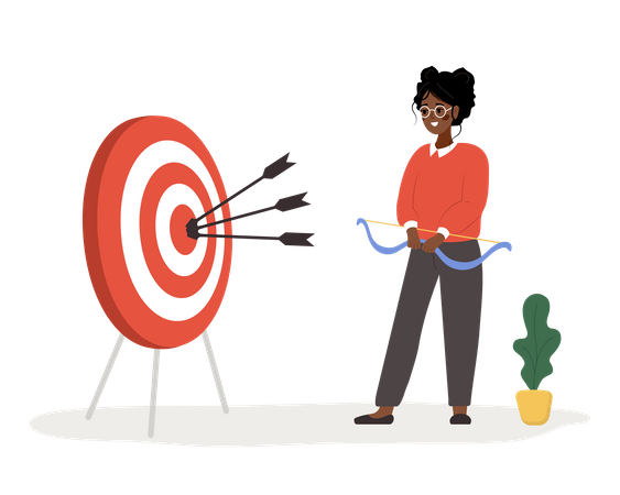 Successful african woman with bow shooting target with arrows  Illustration