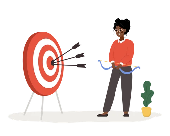 Successful african woman with bow shooting target with arrows  Illustration