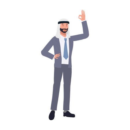 Successful Arab Ethnic Businessman Showing Positive OK Hand Sign for Corporate Success  Illustration