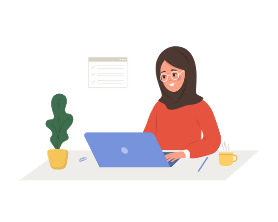 Successful arab woman sitting at table with laptop and solves work issues  Illustration
