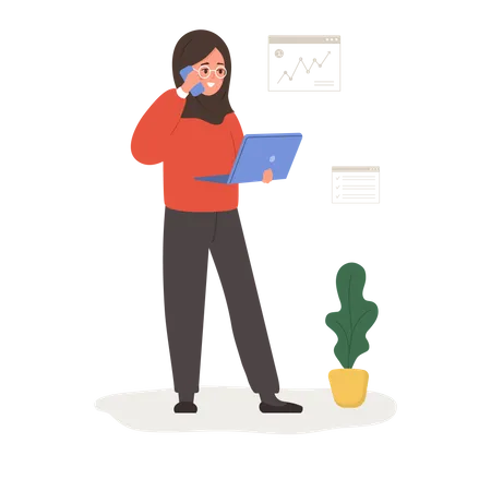 Successful arab woman talking on phone and holding laptop  Illustration