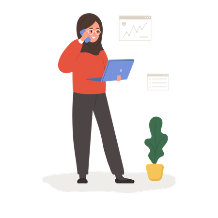 Successful arab woman talking on phone and holding laptop  Illustration