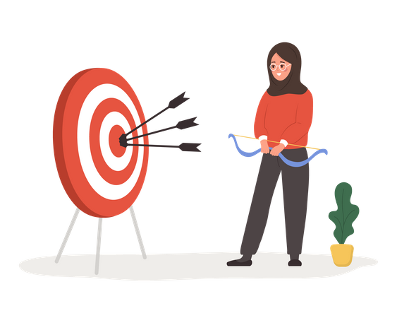 Successful arab woman with bow shooting target with arrows  Illustration