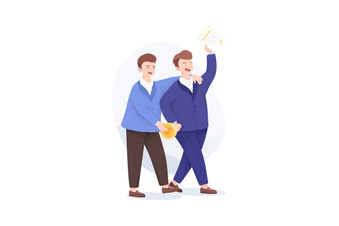Two Happy Business Man Smiling And Holding Contract Paper Illustration