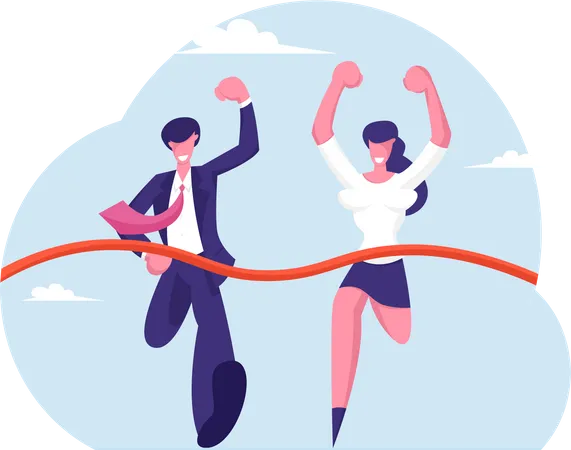 Leadership And Teamwork Concept Business People Running To Finish Team Leaders Competition Businessman And Businesswoman Competing Crossing Finish Line With Ribbon Cartoon Flat Vector Illustration Illustration