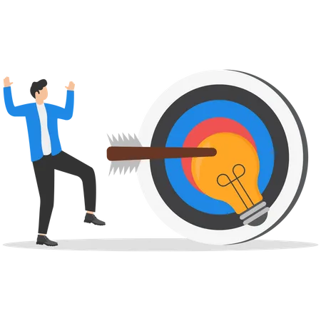 Successful Business Idea For Target Right Solution To Complete Project Winning Marketing Strategy Concept Businessman Shoot Arrow Precisely At Center Of Target With Light Bulb Idea Illustration