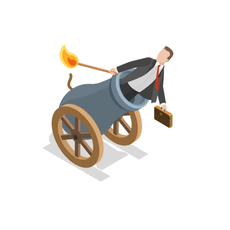 Successful Business Launch Vector Flat Isometric Illustration Man Is Setting On Fire The Cannon To Fly Out Of It For Making A First Jerk Of His Business Illustration