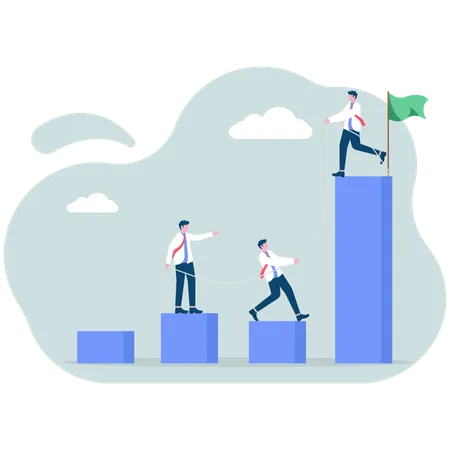 Successful business leader helps his team climb highest bar chart  Illustration