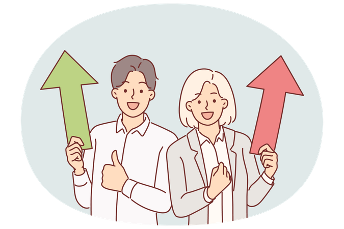 Successful business man and woman with up arrows showing victory gesture rejoicing in achievements  Illustration